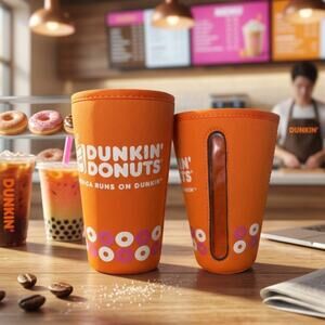 Dunkin Donuts 2014 Orange Cup Sleeve Koozie with Clear View Side Level Window